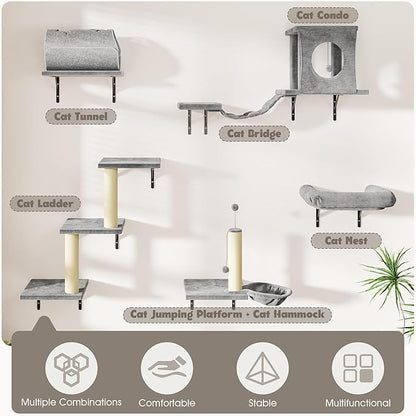 NUNU LAB 7-in-1 Wall Mounted Cat Climber Set, Cat Wall Furniture Set with House, Bridge, Steps, Scratcher Post, DIY Playground, Cat Wall Shelves - Gray