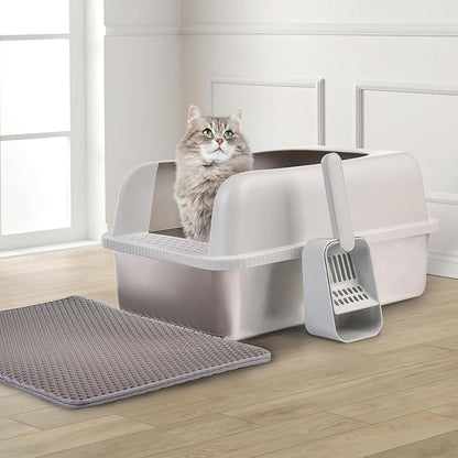 Henkelion Stainless Steel Cat Litter Box with Lid, 20" L x 14.2" W x 11.8" H, Extra Large Litter Box for Big Cats with High Sided, Anti-Urine Leakage, Easy Cleaning, Include Cat Mat and Scoop