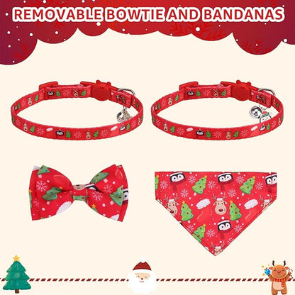 SCENEREAL Christmas Cat Bandana Collar with Bell Bowtie - 2 Pack Breakaway Kitten Collars, Adjustable Cute Pet Accessories for Cats and Small Dogs