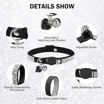 Rhinestone Cat Collar Breakaway with Bell, Diamond Cat Collar with Safety Buckle Quick Release for Girl Boy Small Kitten Pets Puppy,Cute Soft Female Male Cat Collars, Color Black 8-12"