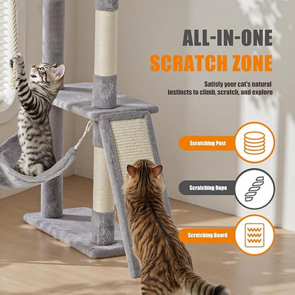 DUMOS Large 63in Cat Tree Tower, Multi Level Cat Climbing Tower with Condo, Natural Sisal Scratching Posts, Extended Platform, Hammock, Pet House for Indoor Cats and Kittens Play, Light Grey