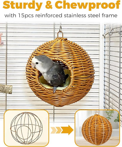 Chewproof Steel Frame Bird Nest for Cage, Washable Small Bird Bed Hammock Hideout Lay Eggs Parakeet Nest Sleep, Parakeet Warm Bed House Hut for Lovebird, Canary, Budgie