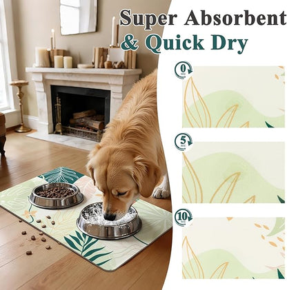 Topotdor Boho Dog Food Mat - Absorbent Quick-Dry Cat Bowl Mat for Food and Water, Non-Slip Pet Feeding Placemat for Messy Drinkers Dog Accessories Pet Supplies, 16"x24", Green