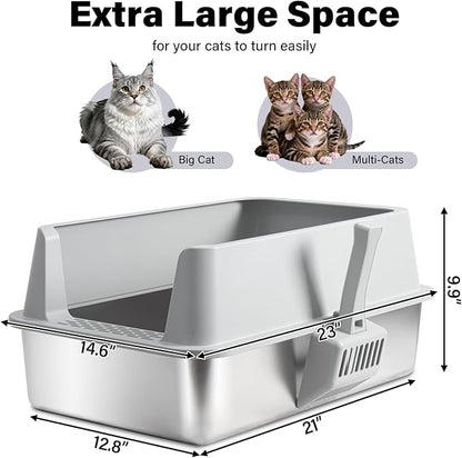 Stainless Steel Litter Box 2 Pack, XL Metal Litter Box with Lid, Extra Large Cat Litter Boxes for Big Cats with High Sides, Easy Cleaning, Non Stick, No Smell, Include Scoop and Mat