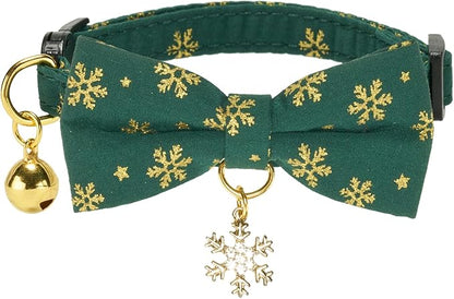 2 Pack Christmas Cat Collar with Bell and Bowtie,with Bling Snowflake Charm and Printing Pattern, Safety Breakaway Clasp, Adjustable for Kitten and Cats Green and Red.