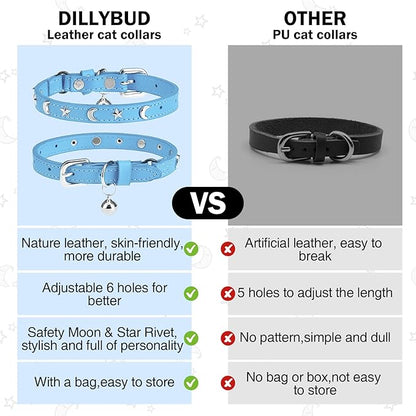 Leather Cat Collars for Boy Girl Cats with Bell and Safety Elastic Belt, Personalized Star and Moon Stud Adjustable Safe Buckle Collar for Kitty Small Big Cats Size 8-12 Inch, Light Blue