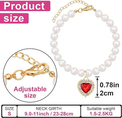 2pcs Pearl Collar for Cat Puppy, Small Cute Heart Shape Rhinestone Pet Necklace, Adjustable Wedding Party Pet Jewelry Accessories for Puppy Kitten- Blue & Red