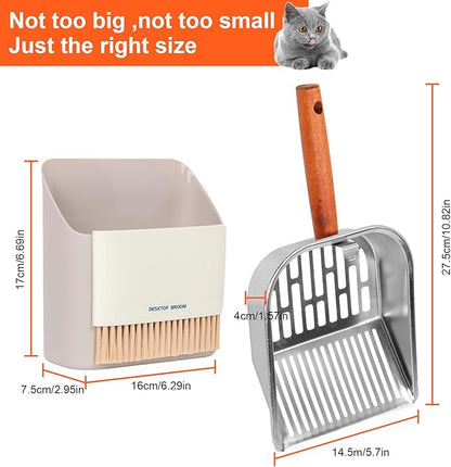 Stainless Steel Cat Litter Scoop with Holder, Kitty Poop Scooper Stand for Litter Box, Fast Sifting Non-Stick Cat Poop Scooper with Coarse and Fine Grids for All Litter Pan, Gray