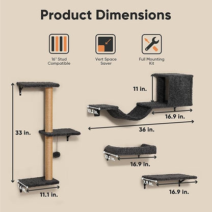 FUKUMARU Cat Wall Shelves, Stable & Safe 4 in 1 Cat Furniture Set, Wooden Climbing Wall with Scratching Post for 16 Inch Drywall - Gray