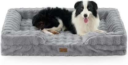 Orthopedic Dog Bed for Extra Large Dog, Soft and Warm Faux Fur Sofa for Giant Pet Up to 150 lbs, Foam Bolster Anti-Slip Couch with Washable Removable Cover, XXL 48x35x8 inch, Grey