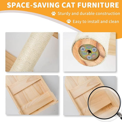 Cat Wall Shelves for Large Cats – 9-Piece Wooden Wall-Mounted Cat Shelves Set, Kitty Climbing System with Perches, Scratching Post & Condo House