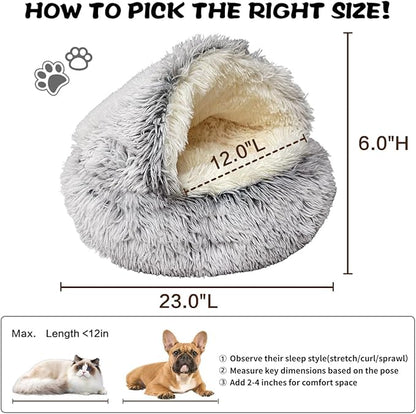 ShinHye Cozy Cat Bed - Round Plush Fluffy Hooded Cave, Indoor/Outdoor, Waterproof & Washable, Calming Anti-Anxiety Design - 23x23 Inch, Grey