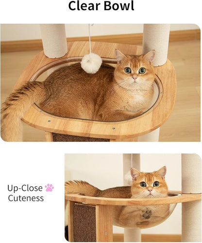 Wood Cat Tree for Large Cats, Modern Cat Tree Tower with Wide Shelves Cotton Scratching Posts, Super Sturdy Base, Cozy Perches, and Interactive Toys for Indoor Kittens