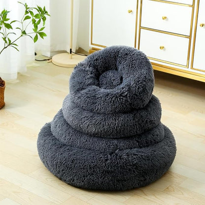 Donut Dog Bed Cat Bed Fluffy Calming Pet Bed Dog Round Bed Cat Round Bed Warm Kitten Nest Ideal for 3Kg Pet, Small, Dark Light
