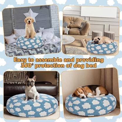 Youyole Medium Washable Round Dog Bed Cover Replacement Waterproof 30 x 30 x 10 in Round Donut Bed Cover for Dog Soft Blue Beds Protector Sheet with Lovely Clouds Print for Donut Beds & Pet Couch