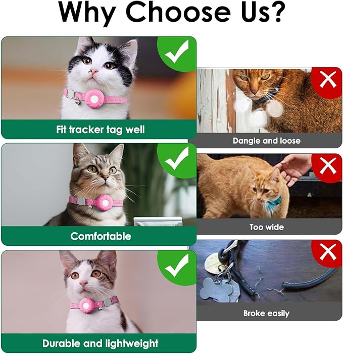 Cat GPS Tracker, Cat Tracker Compatible with Apple Find My App (Only iOS), No Monthly Fee, Waterproof, Breakaway Collar Included, Up to 1 Year Battery (White Tracker, Pink Cat Collar)