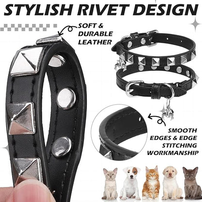 EXPAWLORER Leather Cat Collar - Adjustable Pet Collar with Rivet Spike for Girl Boy Cats, Punk Accessories with Bell & Durable D-Ring,Silver Square Nails, S