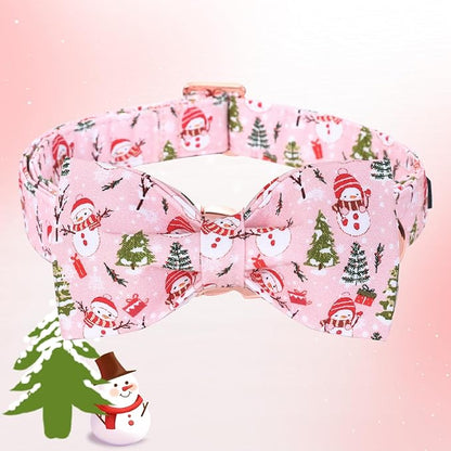 Christmas Dog Collar, Christmas Tree and Snowman Print Cute Winter Holiday Collars Cotton Adjustable Comfortable Pink Dog Collar with Bow,Stylish Collars for X-Small Girl Dogs