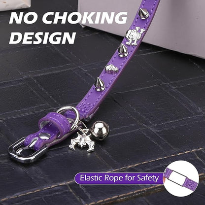 EXPAWLORER Leather Cat Collar for Girl Boy- Adjustable Pet Collar with Safety Elastic Belt,Personalized Punk Accessories Buckle Collars with Bell & Durable D-Ring,Rivet(Purple)
