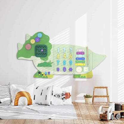 BlueWood Wooden Wall Busy Board Panels, Toddler Learning Activity Center, Montessori Philosophy Sensory, Educational Toys, Conducive to All-Round Development - Triceratops