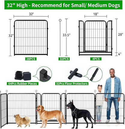 Dog Playpen Outdoor Extra Wide 8 Piece Panels Heavy Duty Dog Fence 32" Height Anti-Rust with Doors Portable for RV Camping Yard, Total 21FT, 35 Sq.ft, Snowy Black