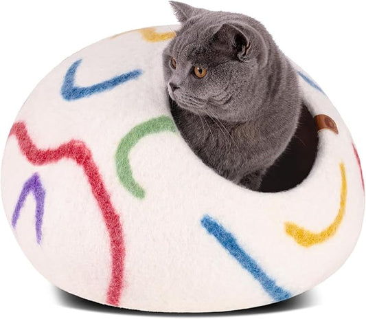 MEOWFIA Cat Cave – Premium Felt Cat Bed for Indoor Cats, Handmade Merino Wool (Ivory Rainbow, Large)