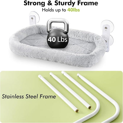 AMOSIJOY Cordless Cat Window Perch, Cat Hammock for Wall with 4 Strong Suction Cups, Solid Metal Frame and Two Replaceable Covers, Foldable Cat Beds for Indoor Cats (Large-Cushion Bed-Gray)
