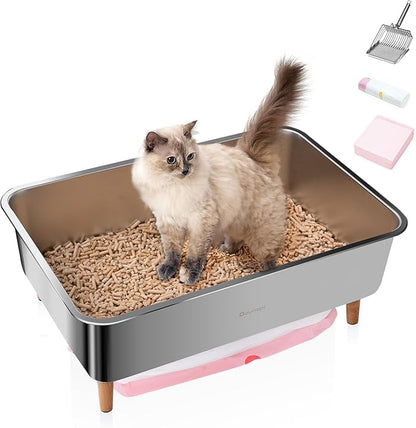 Stainless Steel Sifting Litter Box for Pine Pellet Cat Litter Non Clumping Litter System with Dust Collecting Drawer X-Large