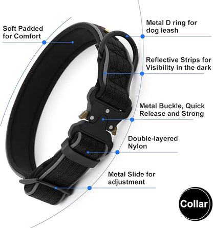 Plutus Pet Tactical Dog Collar, Reflective, Adjustable Heavy Duty Dog Collar, Soft Padded and Comfortable, for Small Medium and Large Dogs (Black, S)