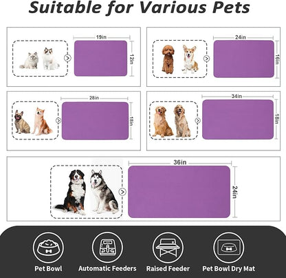 Dog Food Mat - Absorbent Cat Mat for Food and Water, No Stains Pet Feeding Bowl Mat, Easy to Clean Pet Placemats, Quick Dry Dog Water Dispenser Mat for Messy Drinkers | Purple 18"x34"