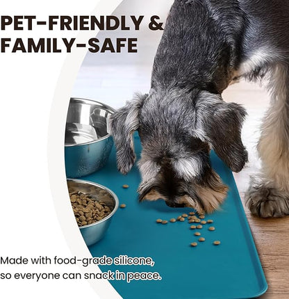 VIVAGLORY Dog Food Mat Flexmat Dog Bowl Mat, Placemat Food Tray with Raised Edges & Lip for Indoor Floor, Non Slip Waterproof Silicone Dish Placemat for Cat & Pet, S, Deep Blue