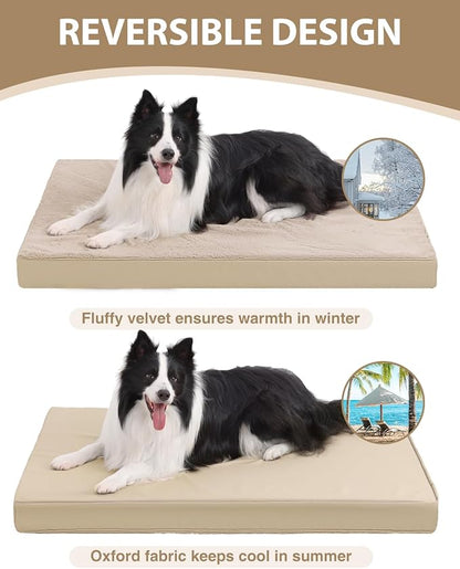 KSIIA Orthopedic Dog Bed Crate Waterproof Pet Mats for Large Dogs Deluxe Plush Washable Pet Bed with Egg Crate Foam & Removable Cover, 41 x 27 Inch, Khaki