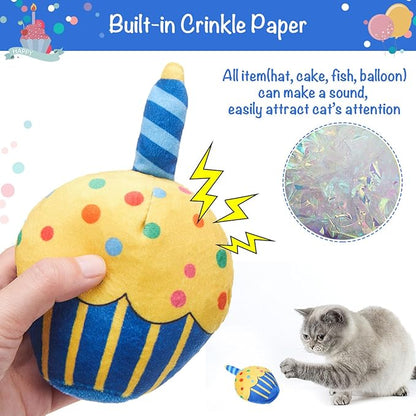BINGPET Cat Birthday Catnip Toys for Indoor Cats, 5 Pcs Cat Birthday Gift Kitten Interactive Toy for Boy Girl Cats, Soft Plush Catmint Kitty Chew Kick Toy, Hat, Bandana, Balloon, Cake, Fish, Dark Blue