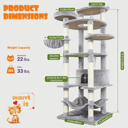 78.8" Large Cat Tree Tower for Indoor Kitties, Multi-Level Furniture Activity Center for Tall Cat Condo with Cozy Perches,Sisal Scratching Posts,Hammock and Basket (78.8 inch Light Gray)