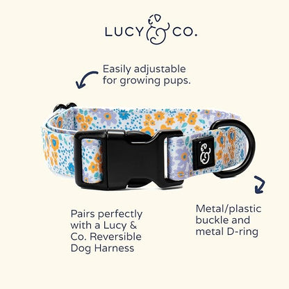 Lucy & Co. Among The Wildflowers Dog Collar - Durable Lightweight Designer Collar for Pets - Adjustable Metal Safety Buckle - Purple Floral - Large