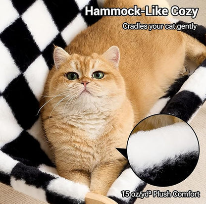 Solid Wood Cat Couch Bed for Indoor Cats, Modern Cat Sofa with Ultra-Soft Plush Surface Washable, Reclined Backrest, Elevated Plush Cat Lounge for Small to Adult Cats, Black & White