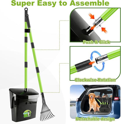 Pooper Scooper Swivel Bin & Rake with 50 Waste Bags, 38" Long Adjustable Handle Dog Poop Scooper for Yard Large Medium Small Dog, Easy to Clean Pet Waste Use on Grass, Dirt, Concrete or Gravel