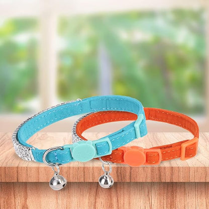EXPAWLORER Soft Velvet Safe Cat Collars for Girl Cats -2 Pack Rhinestones Bling Diamante Adjustable Collars Breakaway- Chirstmas Cat Clollar Gifts with Bells for Boy Cats Kitty and Small Dogs