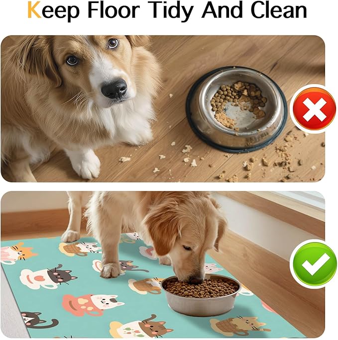 Cat Feeding Mat 24x16 inch Teacup Kitten Print Pet Bowl Placemat Non Slip Floor Mat for Food and Water Indoor Kitty Feeding Station Cute Meal Pad for Small Pets Kitchen Use