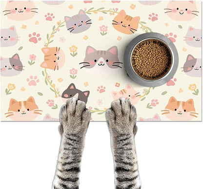 Cat Feedings Mats 20x12 inch Beige Cat Print Pet Bowl Placemat Non Slip Mat for Cats Food and Water Indoor Kitty Feeding Station Cute Cats Meal Mat for Small Pets Kitchen Floor Use