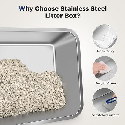 FURTIME Stainless Steel Litter Box with Lid, XL Extra Large Enclosed Cat Litter Box for Big Cats, Metal Cat Box with High Sided Enclosure & Scoop, Front & Top Entry, Odor Free, Anti-Leakage, Silver