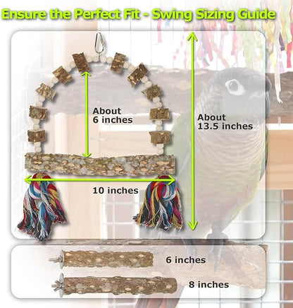 Bird Perch Swing, Large Natural Wood Parrot Toys, 1PC Parrot Swing and 2PCS Perches, Bird Cage Accessories