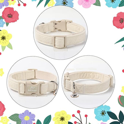 Cute Corduroy Dog Collar - White Adjustable Dog Collars for Medium Dogs 25-50lbs, Fade-Proof with Secure Snap & Little Charm, Christmas Birthday Gift, M