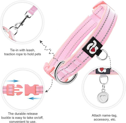 azuza Reflective Dog Collar,Soft Neoprene Padded Pet Collar with ID Tag Ring,Adjustable for Large Dogs,Pink,L