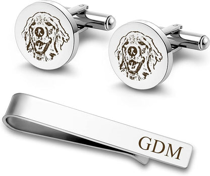 Anavia Pet Portrait & Handwriting Cufflinks Tie Clip Gift Box Set, Personalized Sketch Style Photo Engraving Men's Jewelry Accessories for Father Dad Brother Boyfriend Husband Wedding Birthday Gift