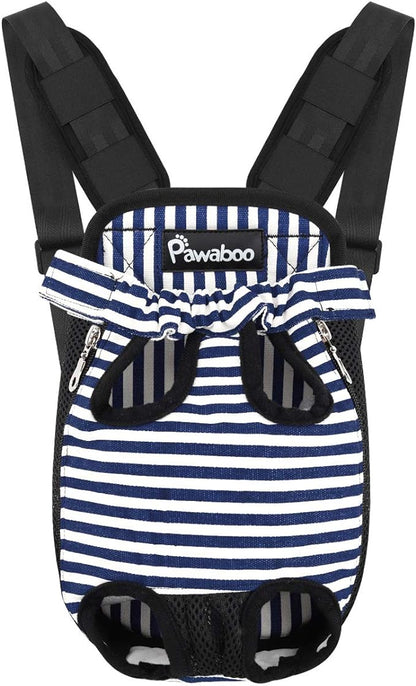 Pawaboo Pet Carrier Backpack, Adjustable Pet Front Cat Dog Carrier Backpack Travel Bag, Legs Out, Easy-Fit for Traveling Hiking Camping for Small Medium Dogs Cats Puppies, Medium, Blue & White Stripes