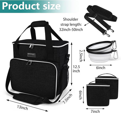 BAGLHER Dog Travel Bag, Pet Travel Bag (All Pet Travel Supplies), with 2 Pet Food Containers and 2 Collapsible Silicone Bowls; Essential Kits for Travel Black