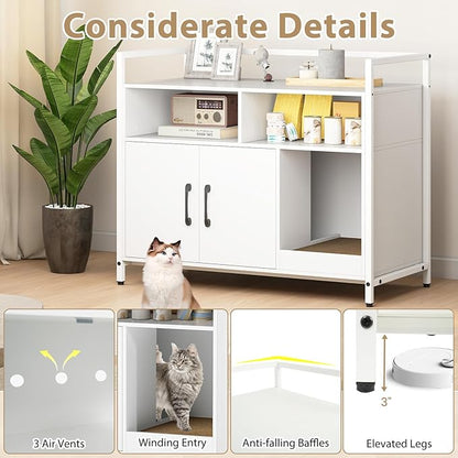 Giantex Cat Litter Box Enclosure - Cat Washroom Hidden Furniture with Front Entry, Scratcher, 2-Door Storage Cabinet, 2 Compartments, Air Vents, Metal Frame, Wooden Pet Crate House (White)