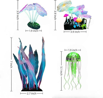 4-Pack Silicone Fluorescent Aquarium Plants & Decor - Realistic Jellyfish, Mushrooms for All Fish Tanks, Essential Decorations