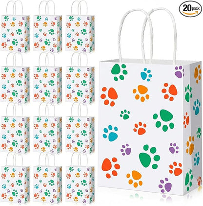 Blulu 20 Pcs Spring Puppy Dog Paw Gift Bags with Handles, Dog Paper Treat Goodie Bags for Animal Pet Party Favors, 6.3 x 3.1 x 8.6 Inch